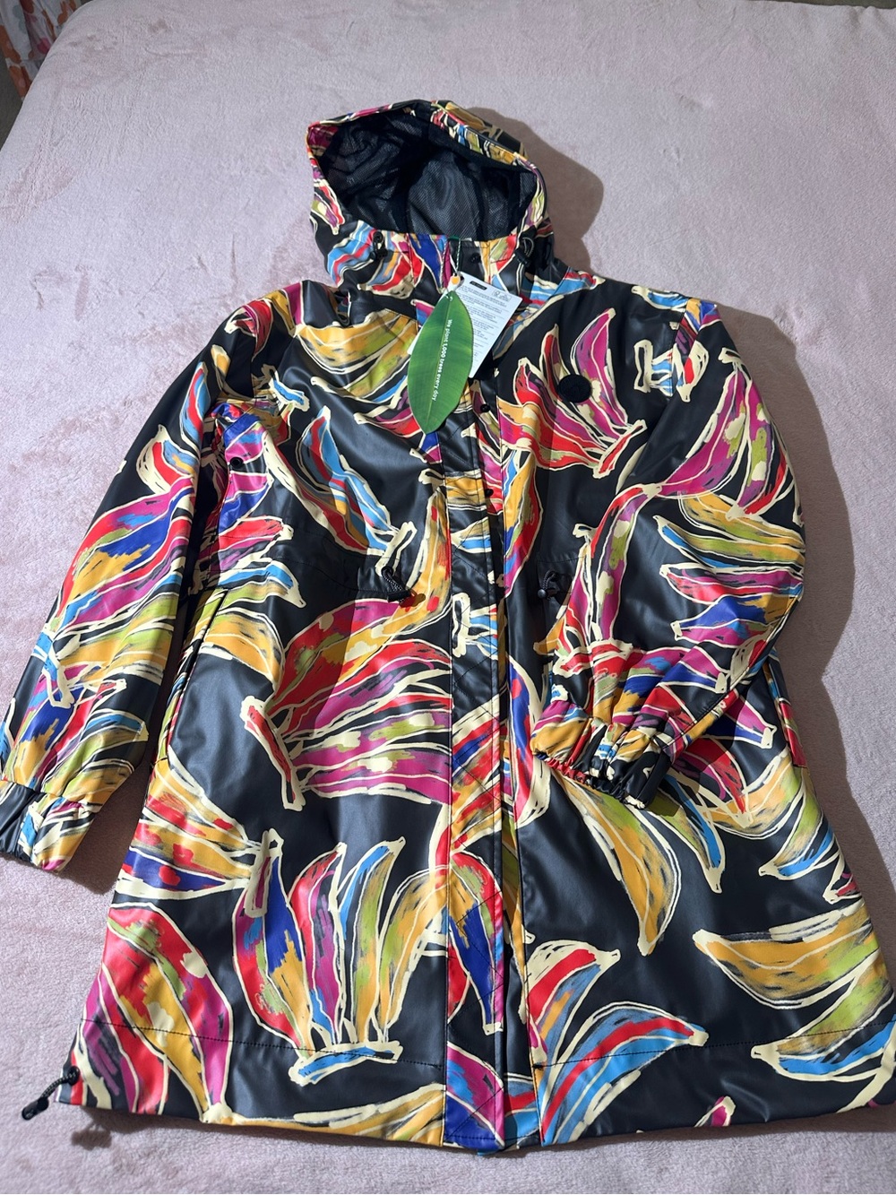 Farm Rio Black Artsy Bananas Raincoat Hooded Jacket Windbreaker XXS NWT